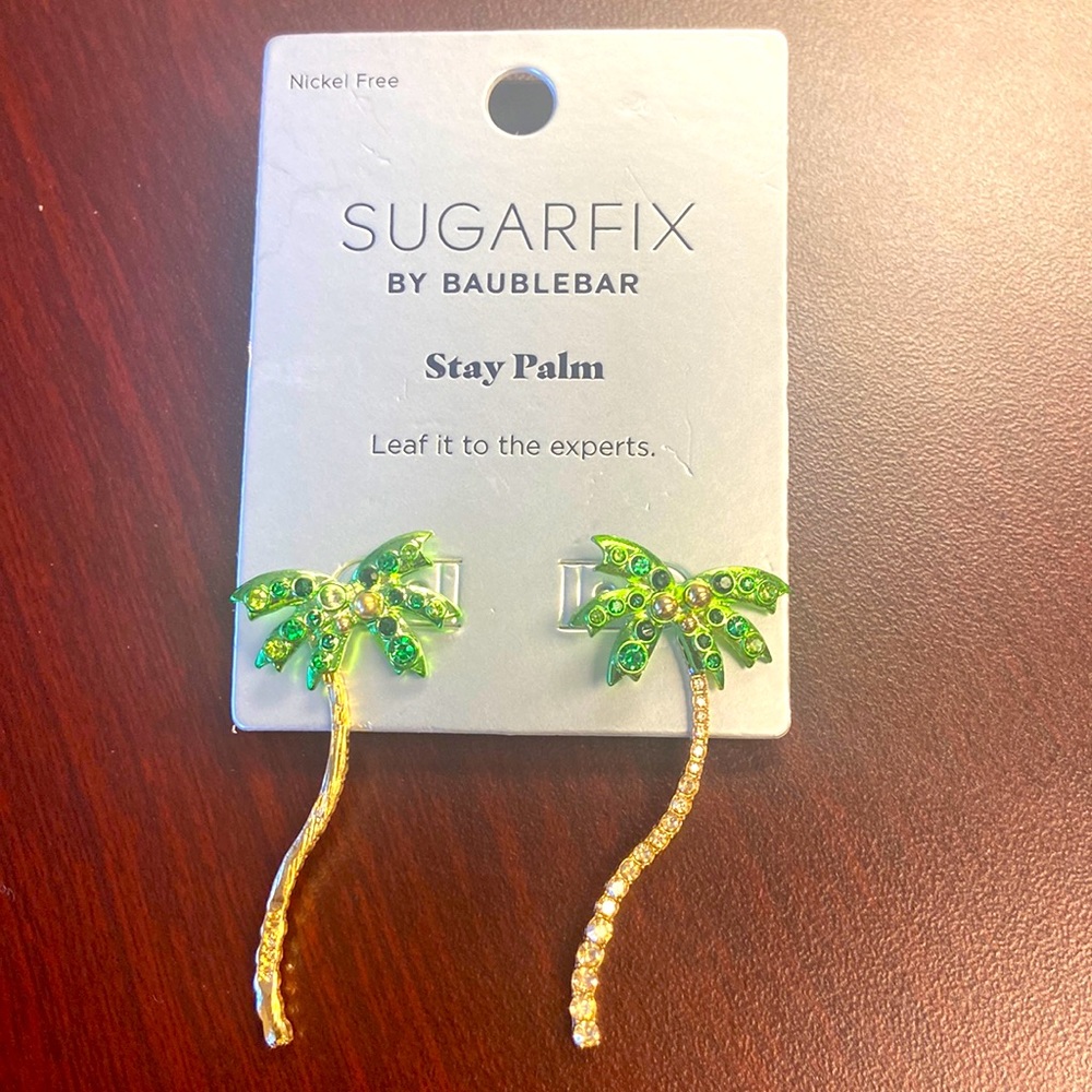 NEW BaubleBar shimmery gold green palm tree beach 3D earrings with rhinestones